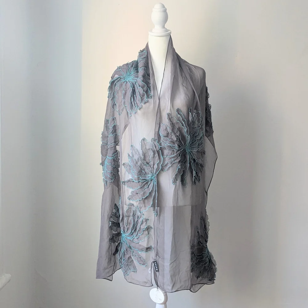 NWT BAYAA Gray Turquoise Silk Organza 3D Floral Evening Wrap Shawl Scarf